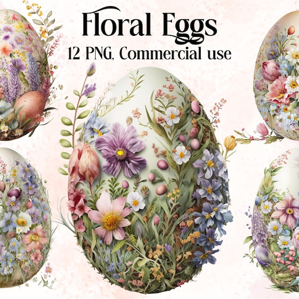 Floral Eggs Watercolor Clipart, Easter Egg PNG art, Floral EGG clipart, Eggs Bundle PNG - Instant Download, Easter Floral Cute Eggs Clipart