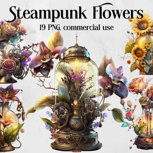 Watercolor Clipart Flowers Steampunk, Watercolor Steampunk PNG, Roses Steampunk Clipart Bundle, Floral Clipart, Instant Digital Download