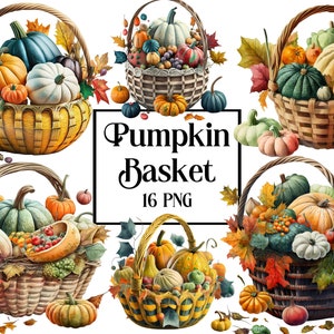Watercolor autumn clipart, digital greeting card Thanksgiving, basket harvest, pumpkin and leaves arrangements PNG, floral clipart set,