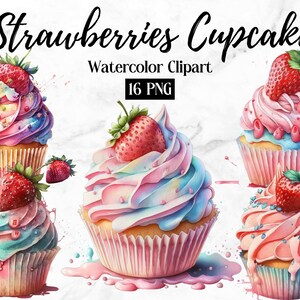 Erdbeeren Aquarell Cupcakes ClipArt, Cupcakes Clip Art Bundle PNGs, Kaffee Clipart, kommerzielle Nutzung, sofortiger digitaler Download Kuchen