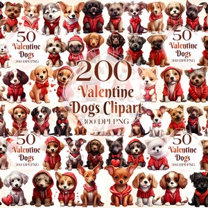 Pacchetto di clipart acquerello cani di San Valentino - 200 immagini PNG romantiche di cani, grafica per animali domestici Love Day, download digitale istantaneo, uso commerciale