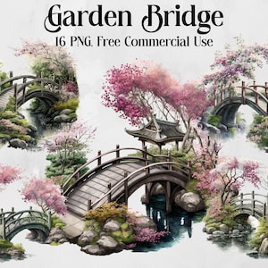 Spring Bridge Clipart, garden clip art, png. Digital watercolor. Free commercial use, scrapbooking. Spring, summer Flowers illustration.