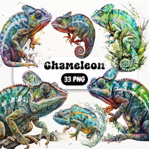Watercolor Chameleon Clipart, lizard colorful tropical nature reptile digital product art, JPG format instant download for commercial use