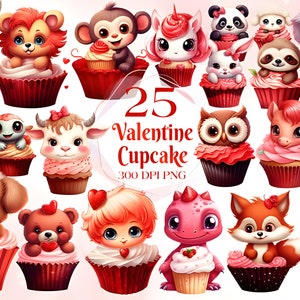 Valentine&#39;s Cupcakes Clipart - set of Valentine&#39;s Day cupcakes, love hearts, cupcake - Instant Download, Personal Use, Commercial Use, PNG