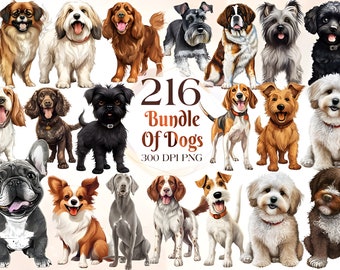 Dog Clipart Bundle, 216 Watercolor Dog Clipart Sublimation Designs, Dog Breeds PNG File,Cute Dogs Digital Illustration,Puppy Portrait Prints