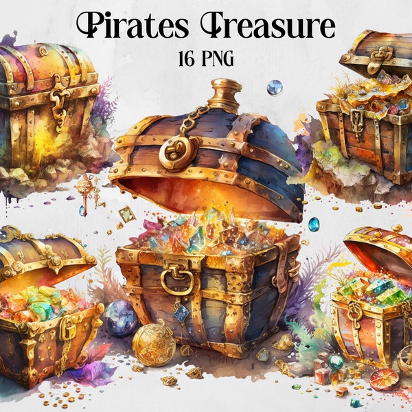 Watercolor Treasure Chest Clipart Bundle, Pirate Treasure Clipart, Ocean Watercolor Png Nautical, Instant Digital Download, Scrapbook Kit