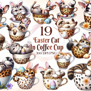 Chats de Pâques mignons dans une tasse à café Clipart Bundle PNG, aquarelle chatons mignons, sublimation, chats de printemps, journal indésirable, téléchargement numérique