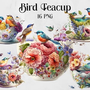 Floral Bird Teacup Clipart, Watercolor Teacup Bird Bundle, Romantic Flower Clipart, Vintage PNG, Commercial Use, Instant Digital Download