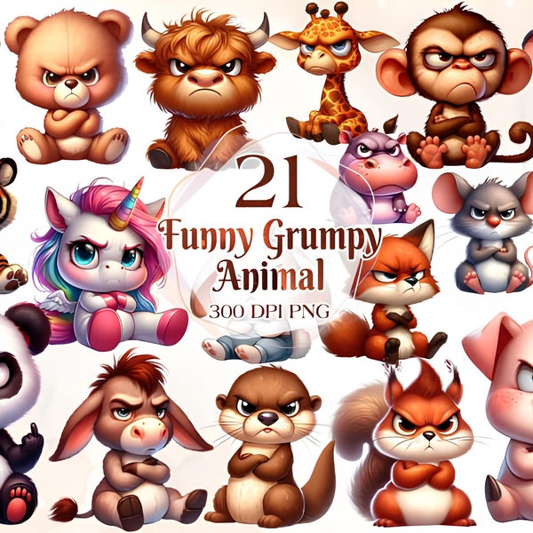 Funny Grumpy Animals Clipart, High Quality Transparent PNGs, Instant Download, Commercial Use - Cartoon Pet prints, Funny Dogs printables