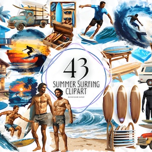 Summer Surfing Clipart - Watercolor Surfing Clipart | Surfboard, Surfer, Palm Tree, Beach, Ocean, Wave, Summer Illustrations, Commercial Use