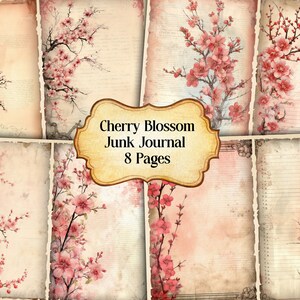 Puede incluir: Un diario de desecho digital imprimible con 8 páginas que presentan un diseño de acuarela de flores de cerezo rosas sobre un fondo vintage.