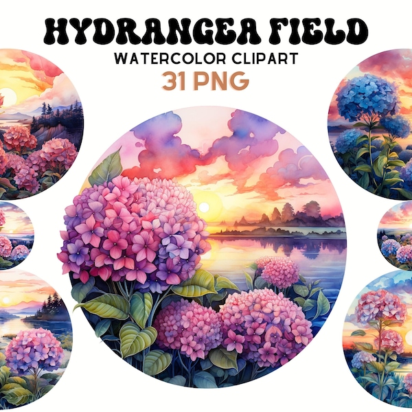 Watercolor Hydrangea Flowers Fields Clipart, Commercial Use Clipart,Field Clipart, Scrapbook, Flower, Sunset, Sunrise, Wildflower,Meadow