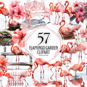 Aquarel Flamingo Garden Clipart - tropische vogels met bloemen en bladeren in PNG-formaat direct downloaden voor commercieel gebruik