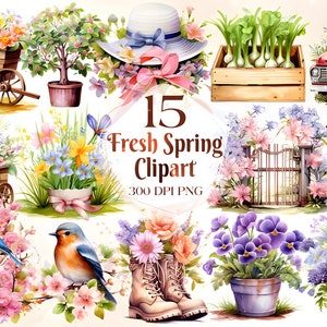 Watercolor Fresh Spring clipart Bundle, Spring clipart, Spring animal clipart, Spring garden clipart, Garden clipart, Commercial free use