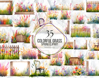 Watercolor Colorful Grass Clipart, Botanical grass borders, tufts of grass graphics and stone illstrations in PNG and SVG for commercial use