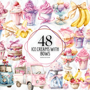 Aquarell-Eiscreme mit Schleifen Clipart, Eistüten und Eisbecher, Eiswagen-Clip-Art-PNG-Grafik-sofortiger Download für kommerzielle Nutzung