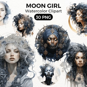 Moon Girl Clipart set, Beautiful Moon Girl, Moon Girl Transparent Moon Card Making Scrapbook Junk Journal Paper Crafts, Commercial Use