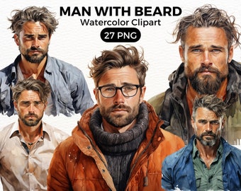 Man with Beard Watercolor PNG ClipArt, Handsome Man Illustration PNG Scrapbooking Crafting Bundle Digital Paper Card Making Commercial Use