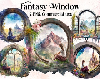 Fantasy Landscape Window Watercolor Clipart, Window clipart, Fantasy clipart, Magic forest Bundle PNG, Fantasy Window, Instant Download
