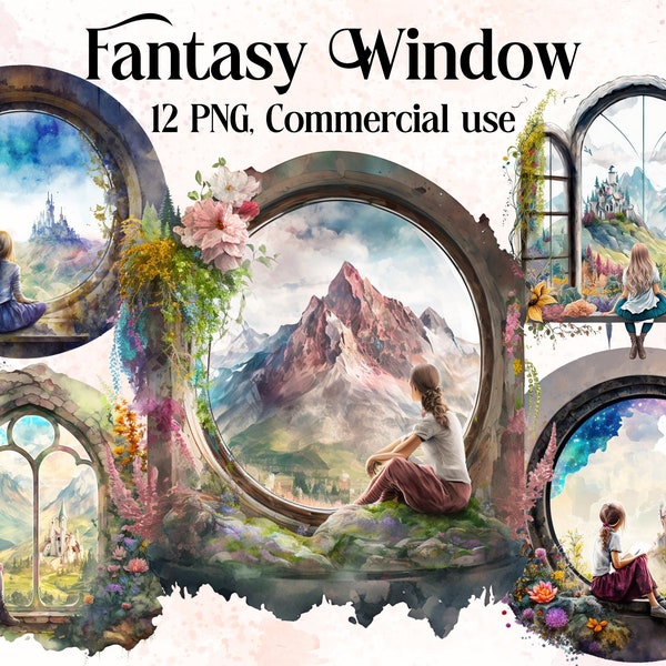 Fantasy Landscape Window Watercolor Clipart, Window clipart, Fantasy clipart, Magic forest Bundle PNG, Fantasy Window, Instant Download