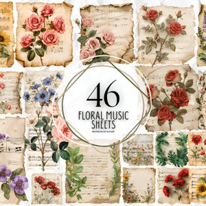 Vintage Florale Notenblätter Clipart Bundle, Digitaler Download – Antike Papiere – Druckbar für Journaling und Kunst – PNG – Clipart-Download