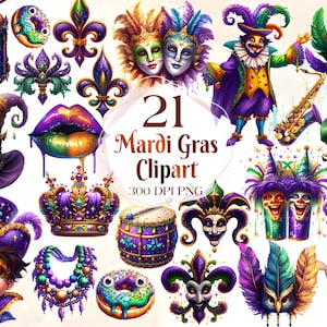 Watercolor Mardi Gras Clipart PNG Bundle King Cake Clipart Masquerade Clip Art Fleur de lis Graphics Happy Mardi Gras Png Carnival