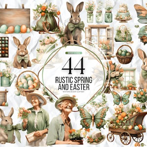Rustikales Ostern Clipart, Beiges Ostern Clipart, Osterhase Clipart, Ostereier Clipart, Ostern Clipart, Ostern Szene Clipart, Ostern Korb Clipart, digital