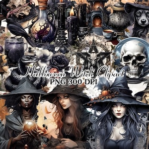 Halloween Witch Clipart Bundle, Zombie Witch PNG, Scary Watercolor Clipart, Witches Graphics, Paper Crafts, Scrapbook, Witchy Halloween PNG