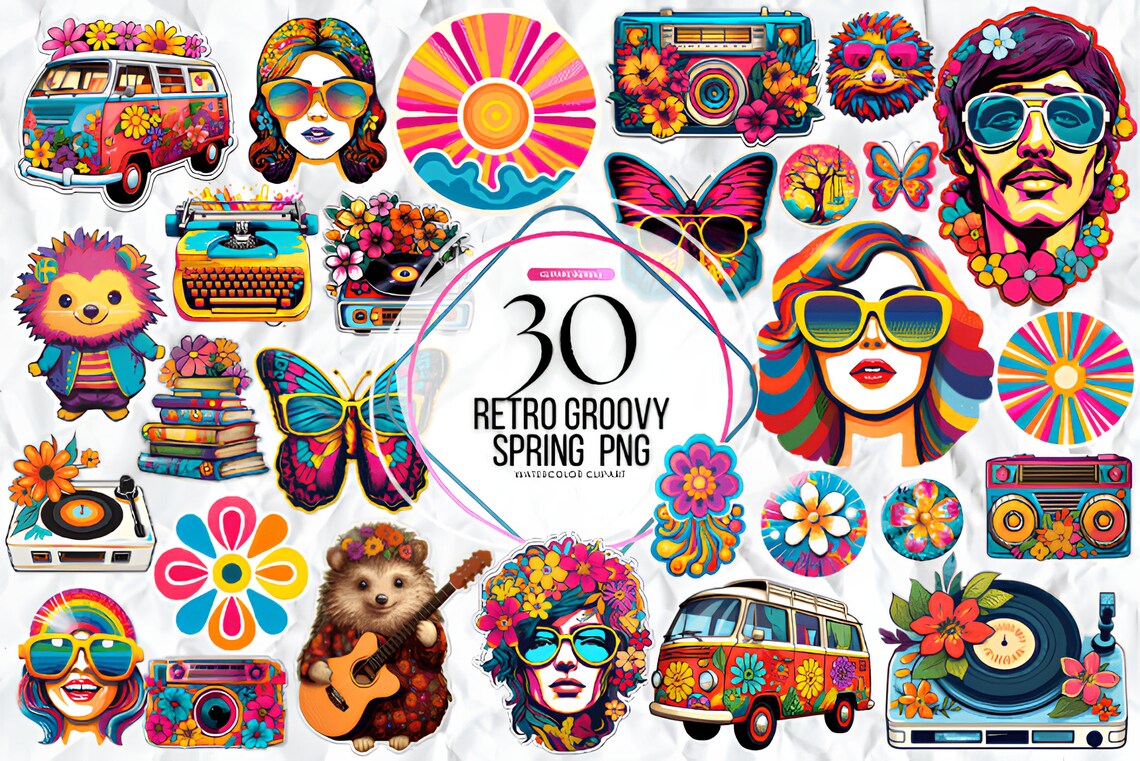 Retro Groovy Spring Clipart Bundle, Groovy Png Design, Retro, Hippie ...