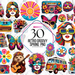 Paquete de imágenes prediseñadas de primavera retro groovy, diseño png groovy, retro, hippie, flower power, signo de la paz, para uso personal y comercial