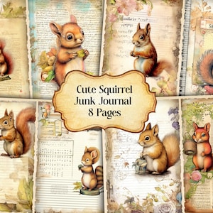Watercolor Cute Squirrel Junk Journal Printable Page, Squirrel Junk Journal Kit, Junk Journal Paper Digital Collage Sheet, Instant Download