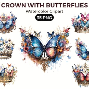 Royal Crown With Butterflies Clipart, Watercolor floral clipart, bouquets, flowers, nursery, wreath, blossom, for portraits, accessories