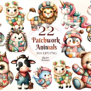22 cliparts animaux patchwork, téléchargement numérique, images aquarelles imprimables, travaux manuels en papier, animal en peluche matelassé, courtepointe, poupée, journal indésirable