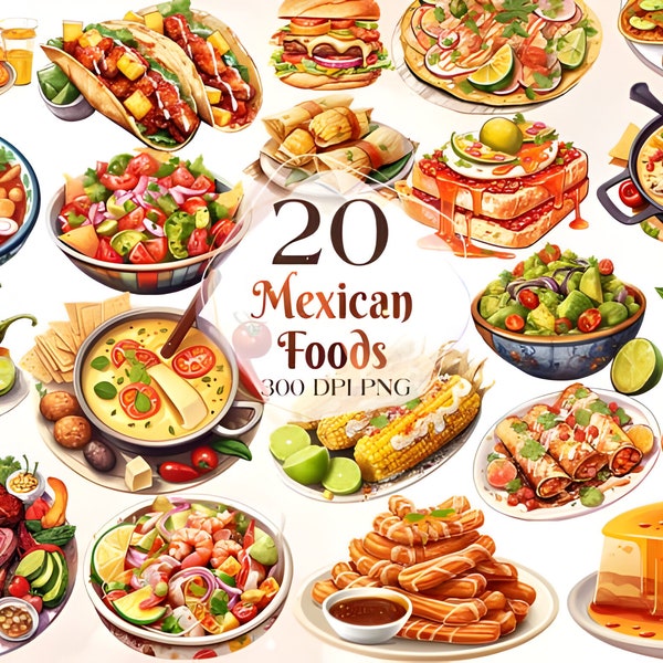 20 Mexican Food ClipArts, Mexican Food PNG, Mexican Food illustration, Watercolor Mexican Dishes, Tacos, Burriots, Quesadillas, Guacamole