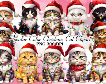 12 Christmas Cats Clipart, PNGs,Digital Download, Commercial Use, Mixed Media, Digital Paper Craft, Watercolor clipart, Kitten JPG