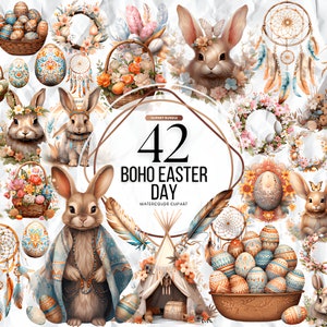 Pasen clipart, Boho Pasen clipart, paashaas clipart, Pasen PNG, paasmand PNG, schattige Pasen clipart, Pasen bloemen clipart