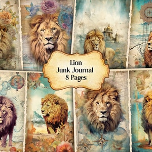 Watercolor Lion Junk Journal Printable Page, Lion Junk Journal Kit, Junk Journal Paper Digital Collage Sheet,Instant Download,Safari Animals