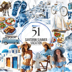 Santorini verano vacaciones clipart, imágenes prediseñadas de temporada, descarga instantánea, acuarela verano clipart sol césped silla chanclas paletas