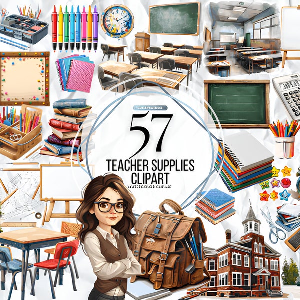 Watercolor Teacher Supplies Clipart, Cute School Clip Art Set, Education Graphics, Cute Teacher PNG, School Supply Clipart, Commercial Use