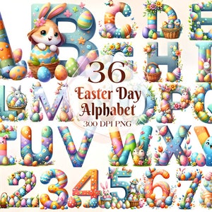 Día de Pascua lindo vivero alfabeto clipart, día de Pascua números y letras de la guardería, día de Pascua, 36 letras del día de Eatser clipart, alfabeto de Pascua
