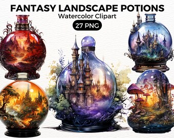 Fantasy Landscape Potions ClipArt| Beautiful Witchy Fantasy Clip Art | Watercolour | Instant Download, Printable with Full Commercial Use