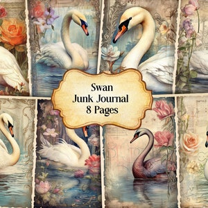 Watercolor Beautiful Swan Junk Journal Printable Page, Swan Junk Journal Kit, Junk Journal Paper Digital Collage Sheet, Instant Download