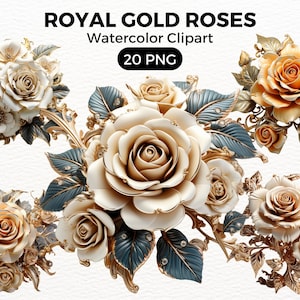 Watercolor Royal Roses Flowers PNG Clipart, Fantasy Floral Clip Art, Magical Flower bundle, Jewelled Flower png, Royal Watercolor Flowers