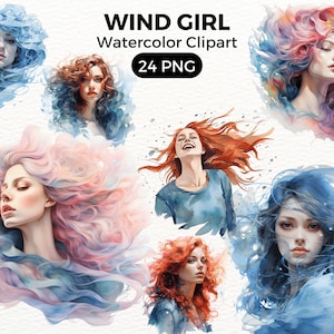 Wind Girl Clipart set, Beautiful Wind Girl, Colorful Girl Transparent PNG Card Making Scrapbook Junk Journal Paper Crafts, Commercial Use