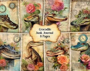 Watercolor Crocodile Junk Journal Printable Page, Crocodile Junk Journal Kit,Junk Journal Paper Digital Collage Sheet, Instant Download