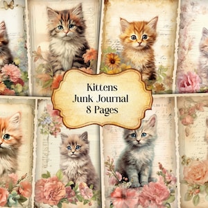 Watercolor Kitten Junk Journal Printable Page, Cat With Flowers Junk Journal Kit, Junk Journal Paper Digital Collage Sheet, Instant Download