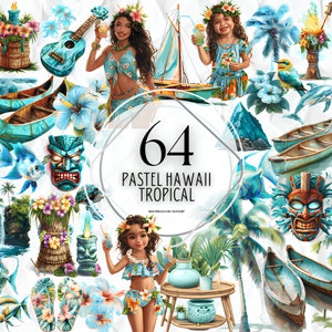 Aquarelle pastel Hawaï Clipart - clipart aquarelle de surf île tropicale au format PNG téléchargement immédiat pour un usage commercial
