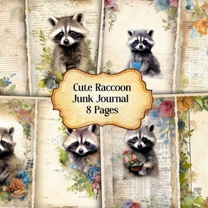 Watercolor Cute Raccoon Junk Journal Printable Page, Raccoon Junk Journal Kit,Junk Journal Paper Digital Collage Sheet, Instant Download