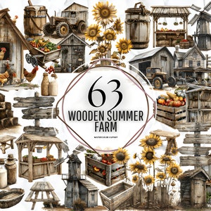 Clipart ferme en bois d'été, animaux de la ferme Png, clipart ferme, granges de la ferme Png, Clipart jardin Cottagecore, téléchargement numérique