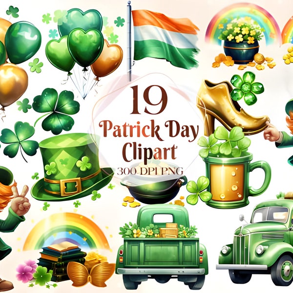 Watercolor St. Patrick's Day Clipart, Gnome Clipart, Shamrock, Clover, Green Home Decor Clip Art, Irish Sublimation Graphics, Horseshoe, PNG